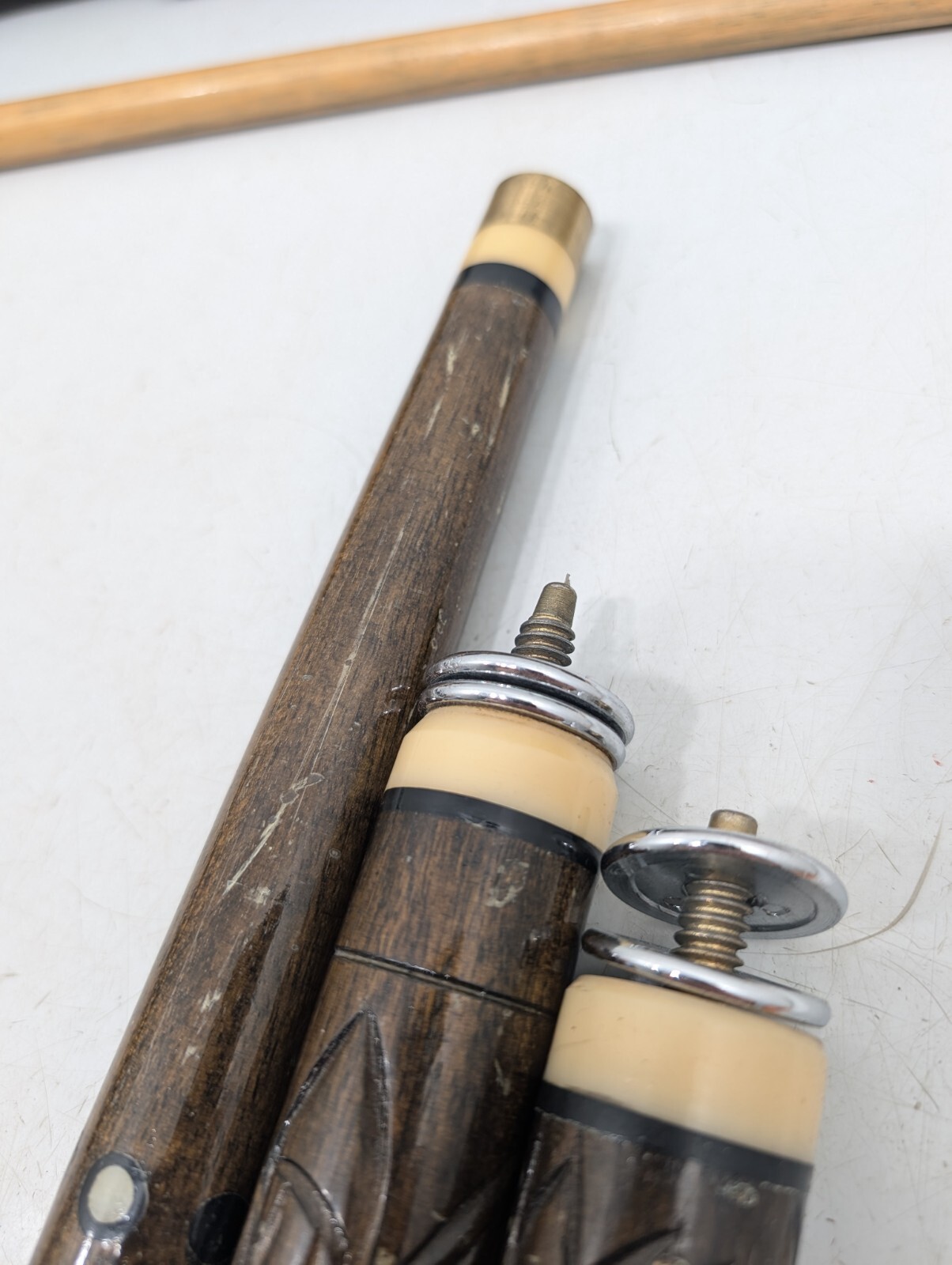 Vintage Pool Cue With Case - Tiki Bar Style Carved Wood Unique - Made In Hawaii