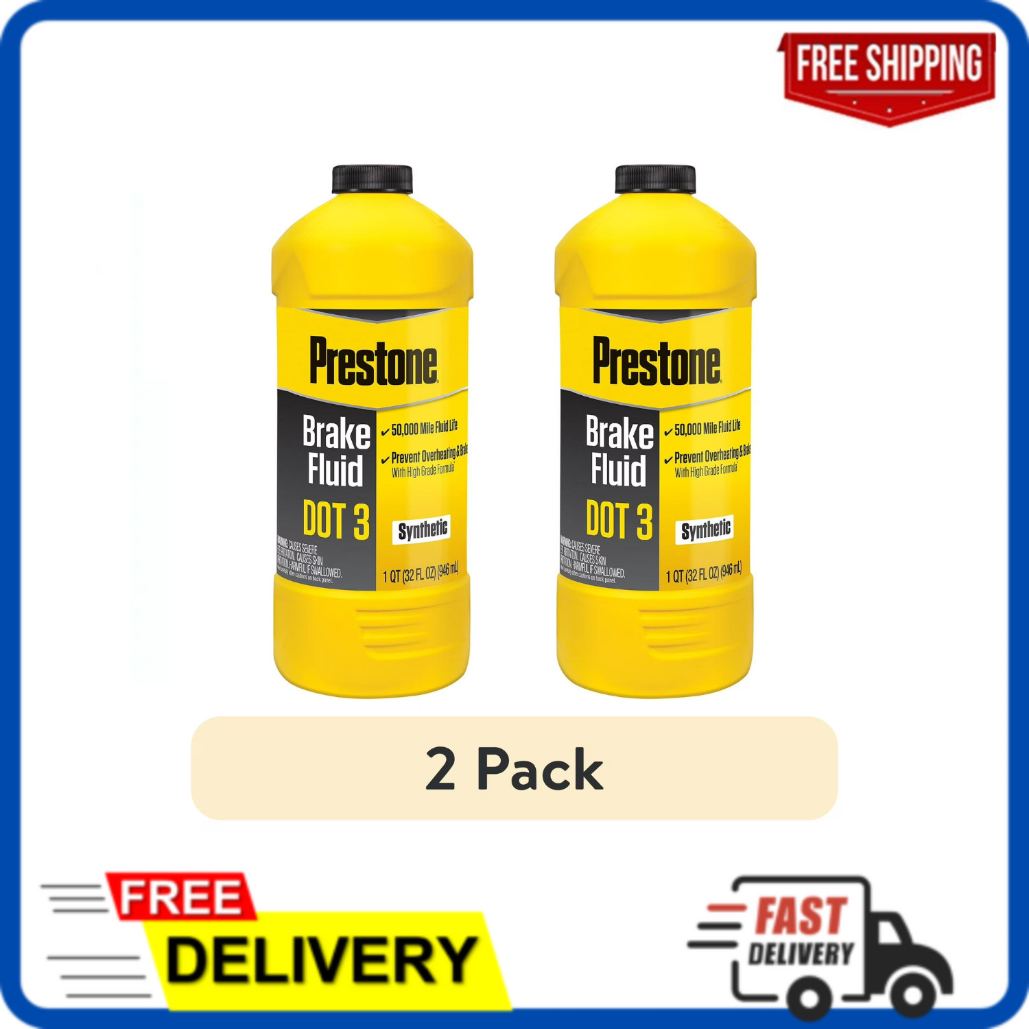 (2 pack) Prestone DOT 3 Motor Vehicle Brake Fluid for Cars and Trucks - 32 fl oz