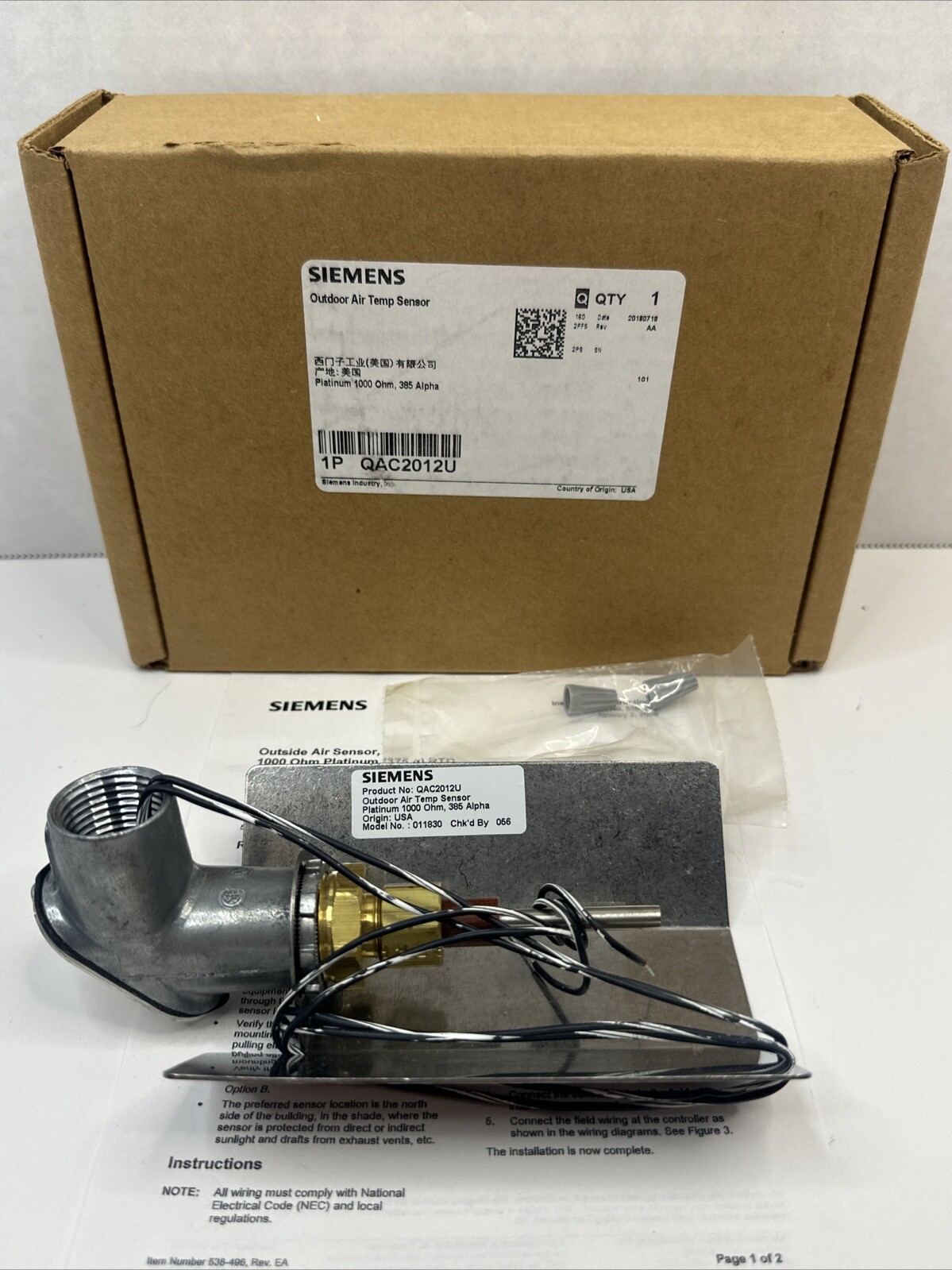 Siemens Outdoor Air Temperature Sensor QAC2012U