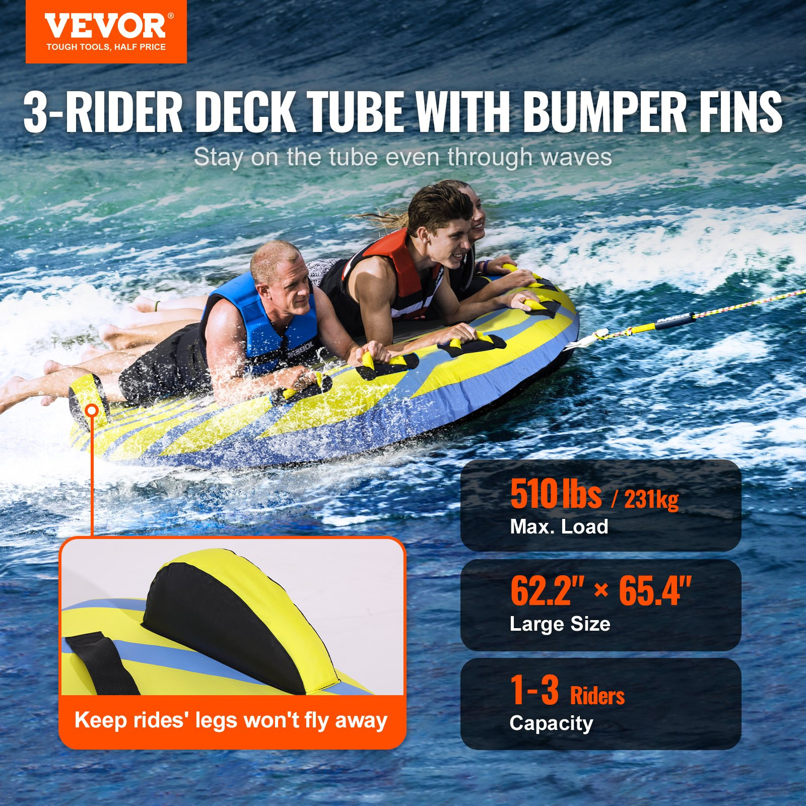 1-3 Rider Towable Tube 510lb Inflatable Boat Tube Nylon