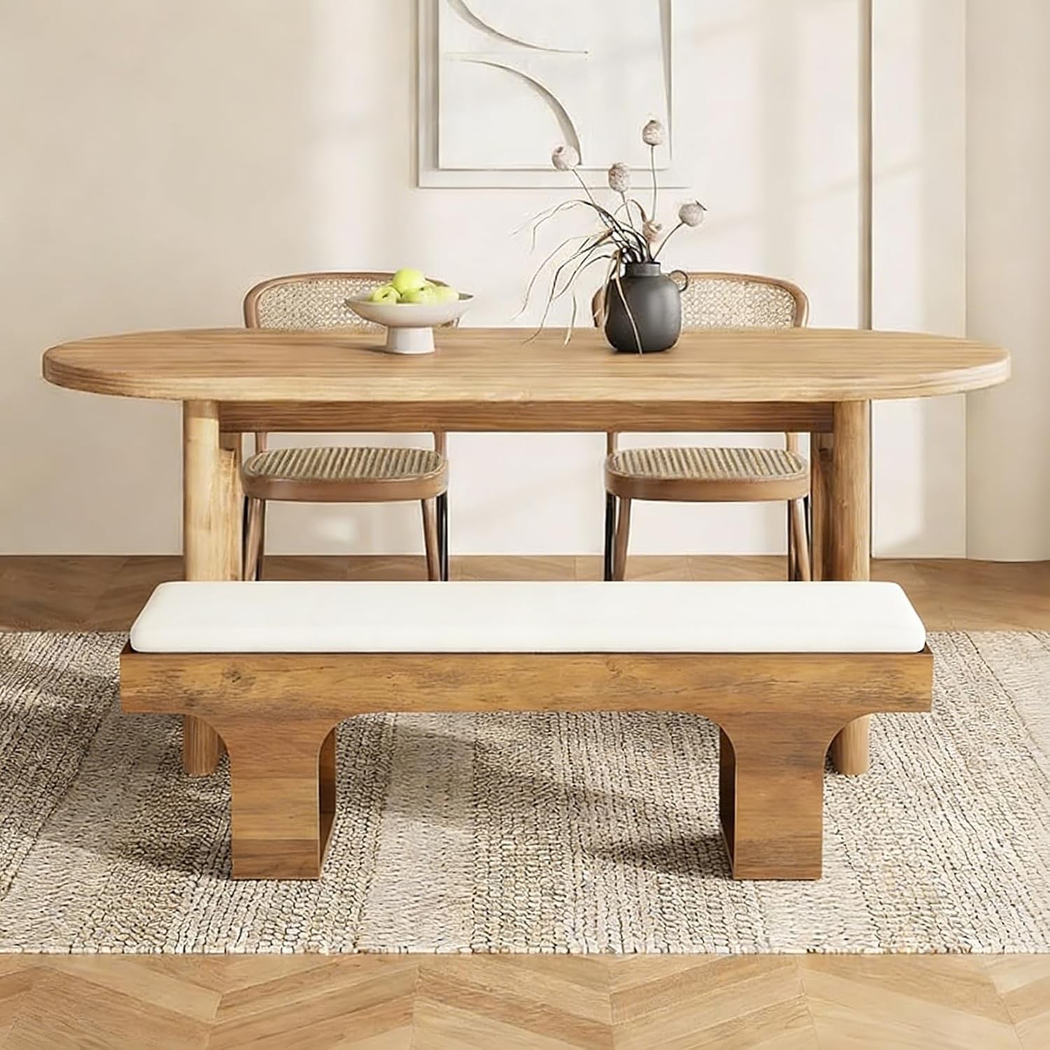55" Upholstered Dining Bench, Farmhouse Wooden Entryway Bench with Linen Cushion