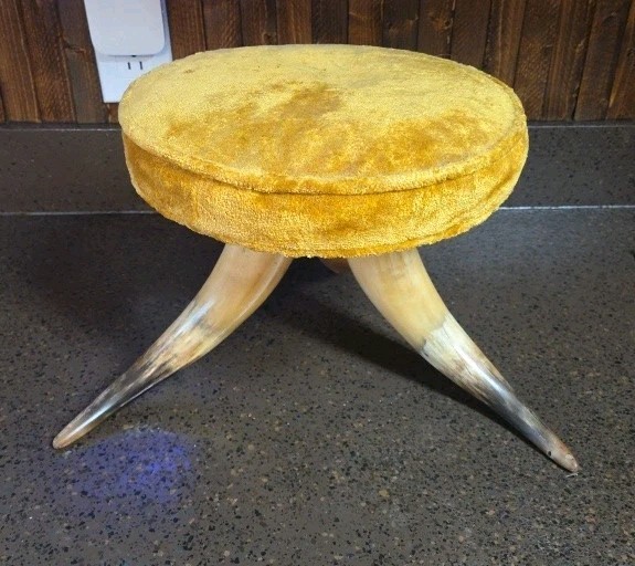 ANTIQUE 1800s HORNED VICTORIAN Yellow ROUND FOOTSTOOL OTTOMAN-Rare And Very Nice