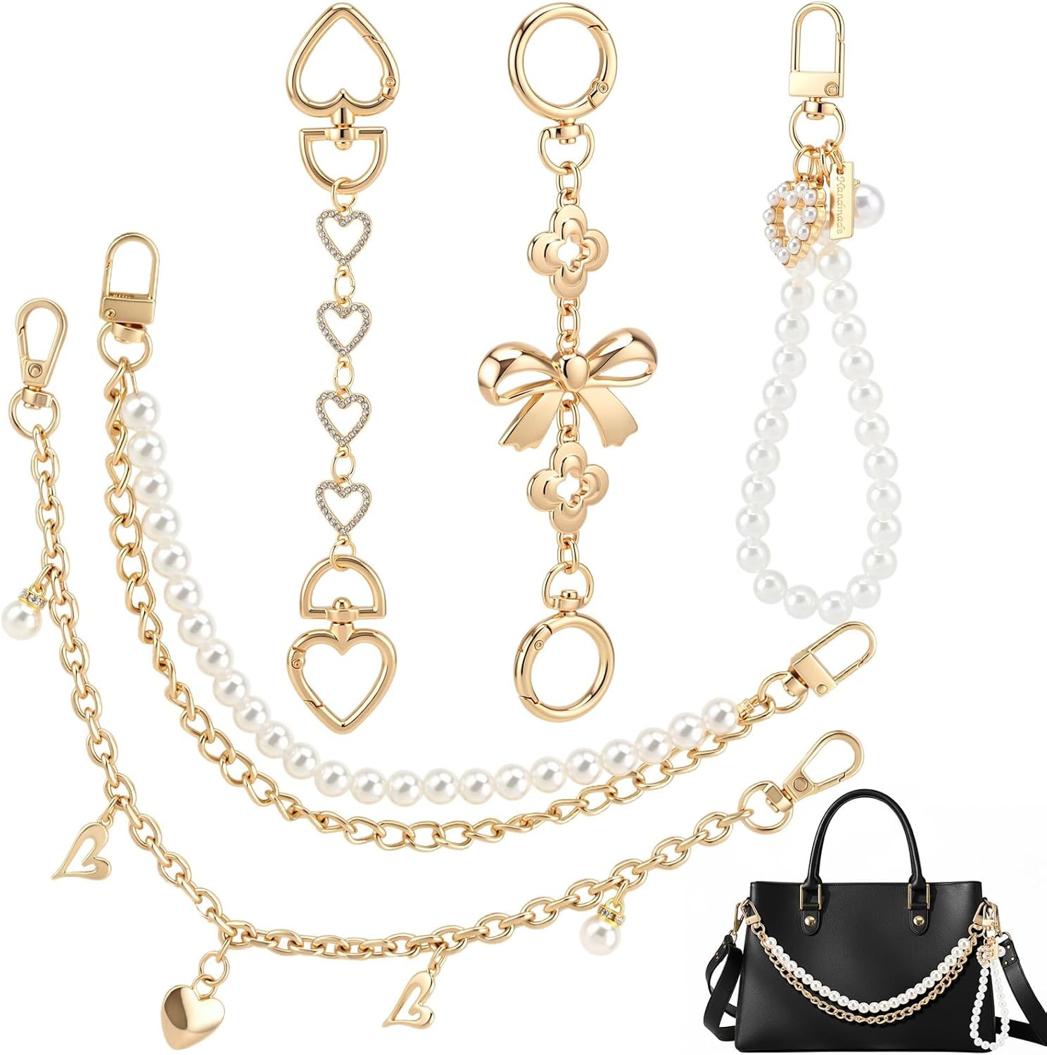 5Pcs Purse Chain Extenders Set Gold Bag Straps Extender Replacement Pearl Heart