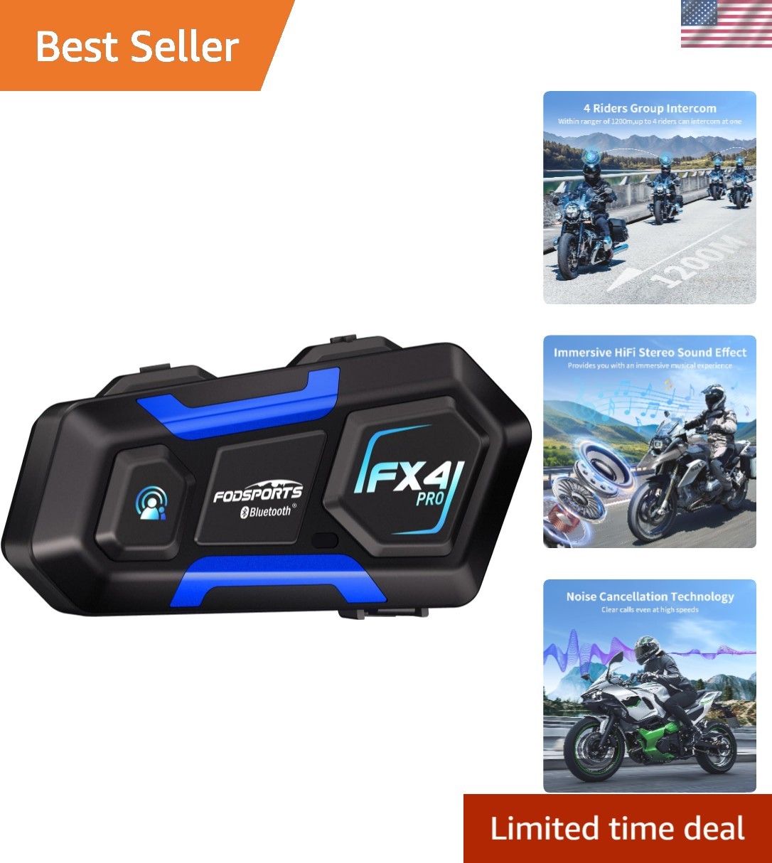 FX4 Pro Motorcycle Helmet Headset, 4-Rider 1200m Bluetooth Intercom,  Waterpr...