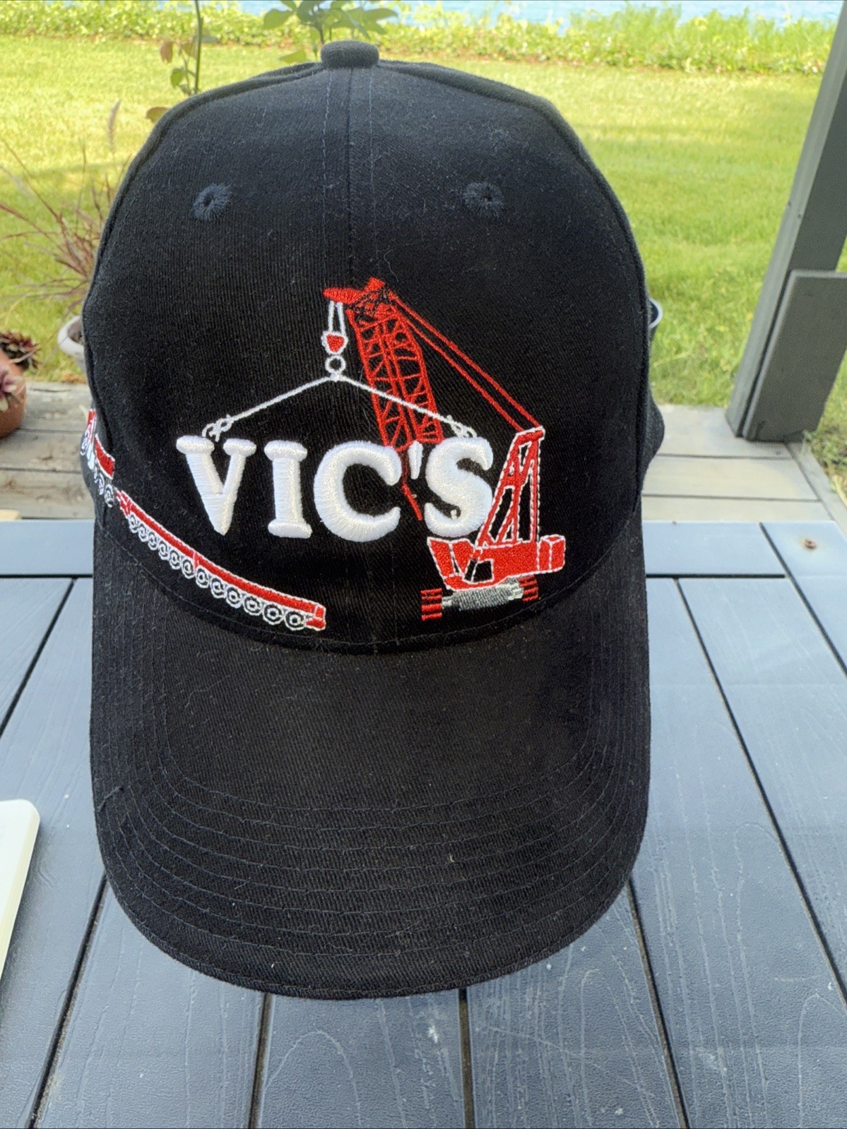 Vics Crane and Heavy Haul w Truck and Crane on Black Hat Cap Red White Accents