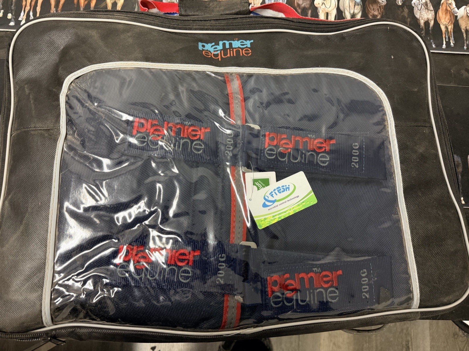 Premier Equine 200 G Hood New In Bag. Navy With Red And Grey Trim