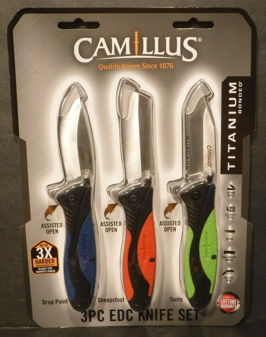 New Camillus 3 Piece Assisted Open EDC Knife Set #19608 Folding Blade 420 SS