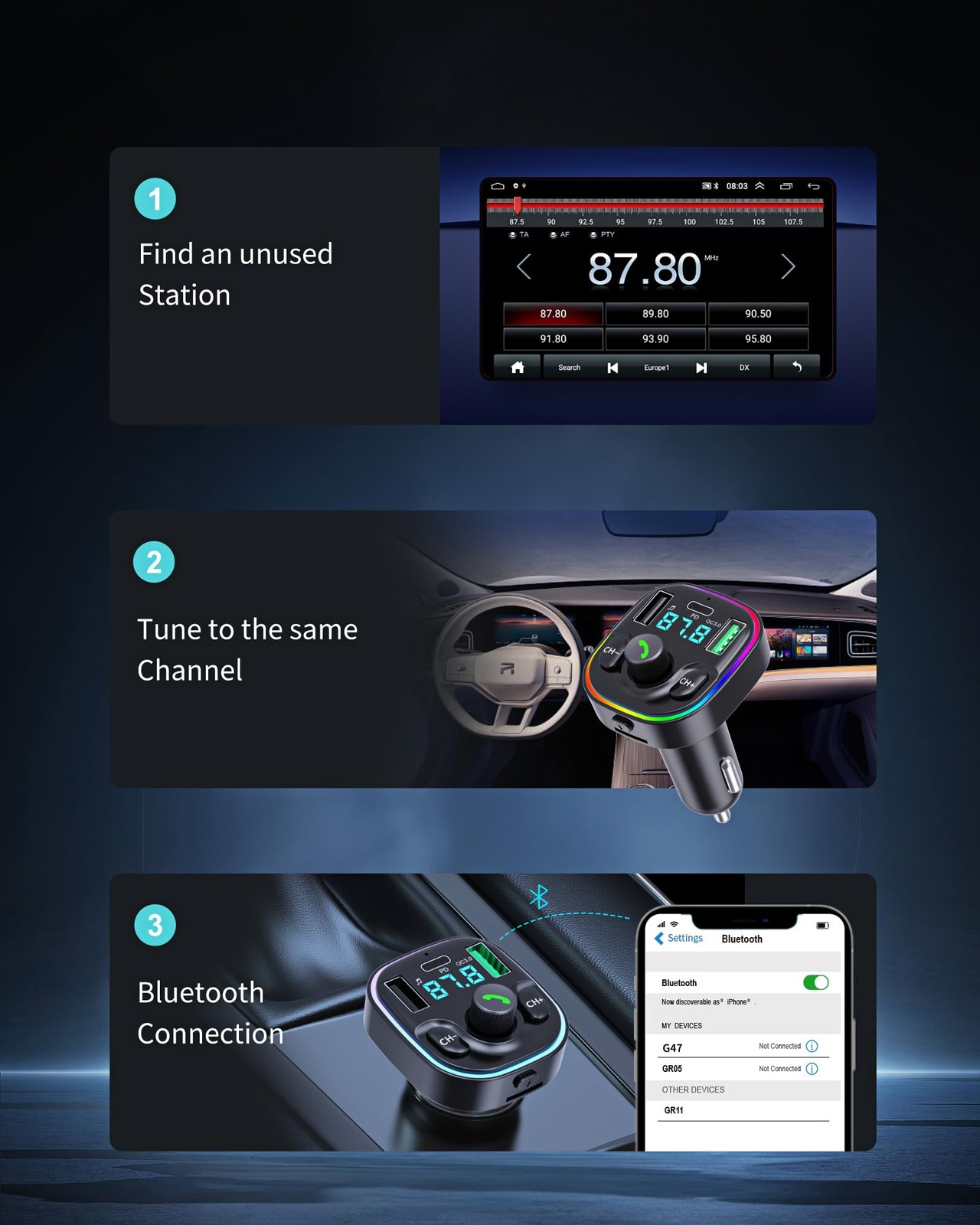 Bluetooth 5.4 FM Transmitter Car Adapter - Car Bluetooth Adapter with Fast Ch...