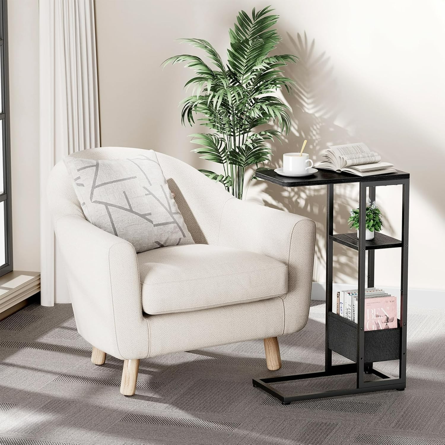 C Shaped End Table, Small Side Table for Couch, Recliner with Storage Bag