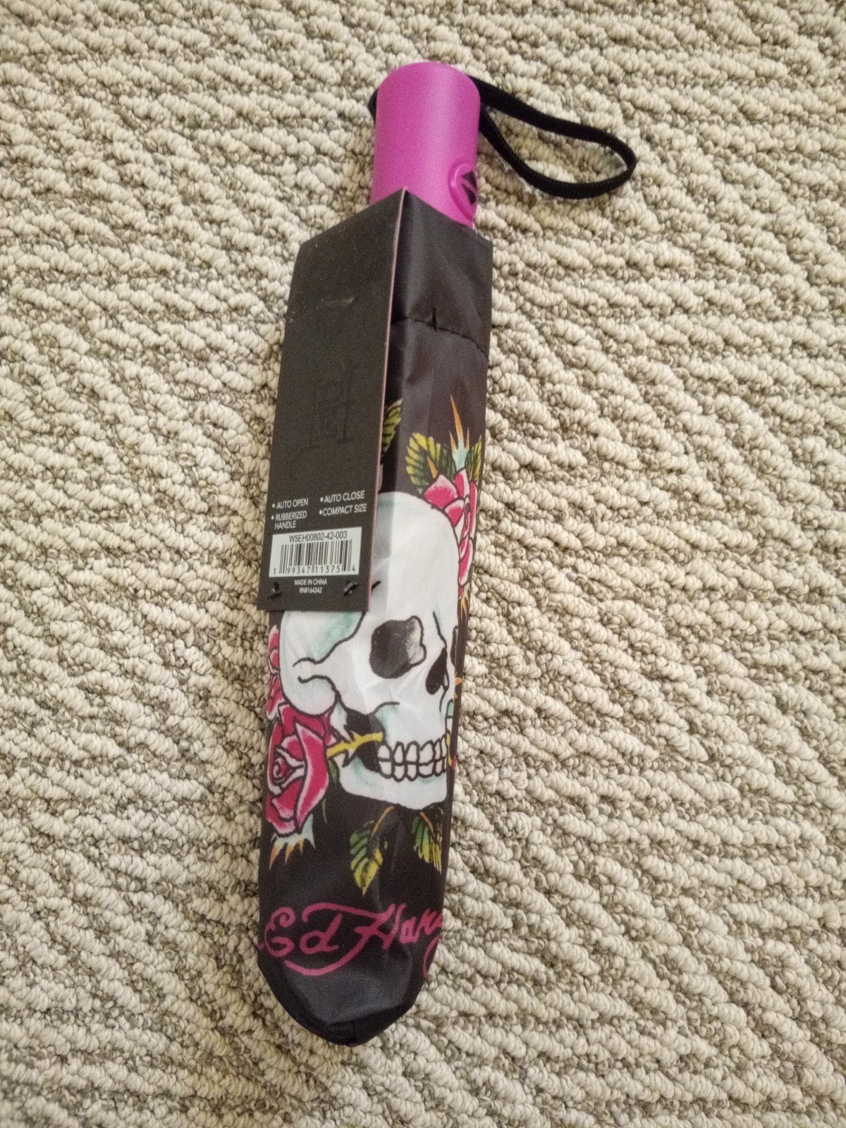 Ed Hardy Umbrella Skull & Roses Compact Size   Black/Pink NWT