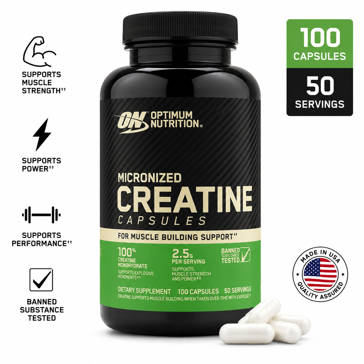 Optimum Nutrition Creatine 2500, 2.5g Monohydrate Muscle Strength, 100 Capsules