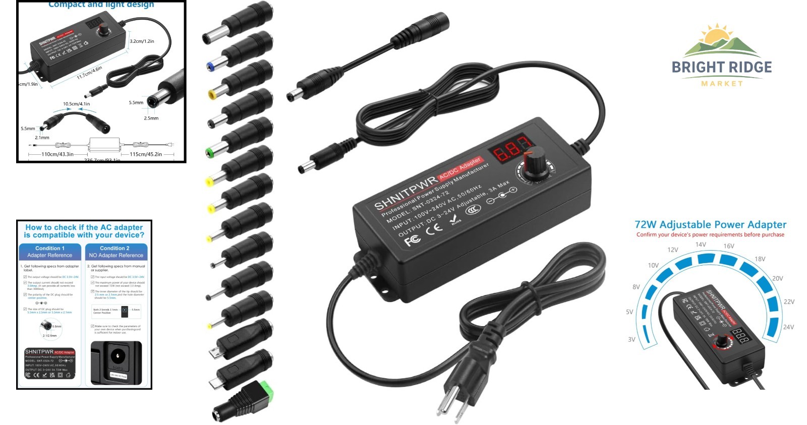 72W Universal AC/DC Adapter with Adjustable Voltage and Multiple Tips Included