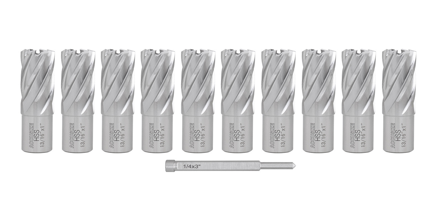 10 Pcs 13/16"x1" Cutting Depth HSS Annular Cutter+1 Pc Pilot Pin, #2080-2018PIN