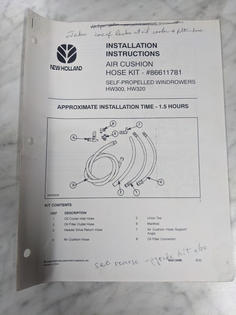 NEW HOLLAND INSTALLATION INSTRUCTION MANUAL AIR CUSHION HOSE KIT 86611781 HW300