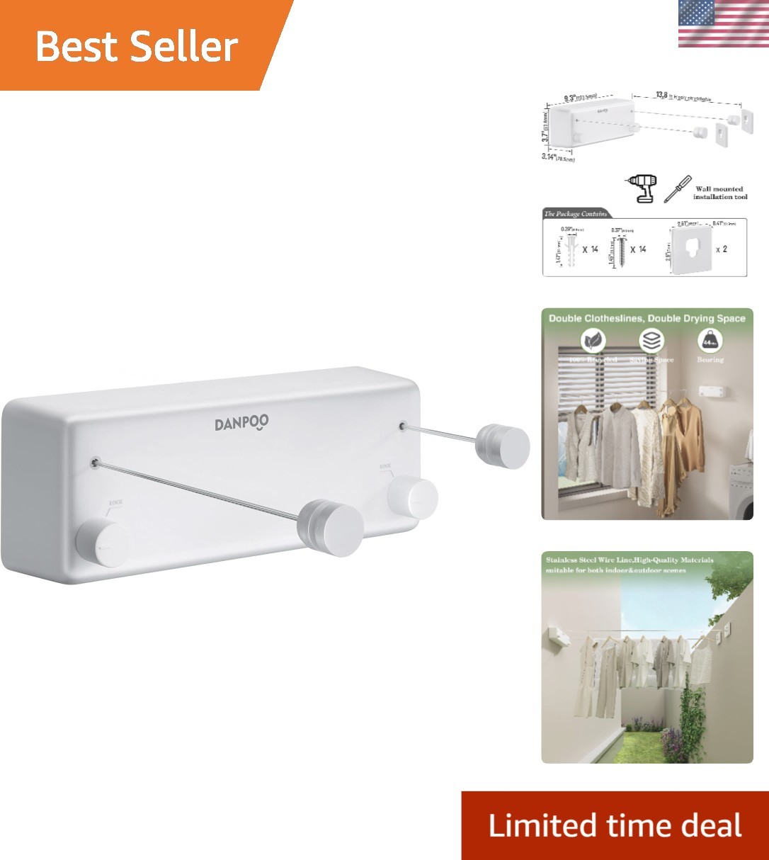 Retractable Clothesline Indoor Outdoor Stainless Steel Wall Mount Laundry Drying