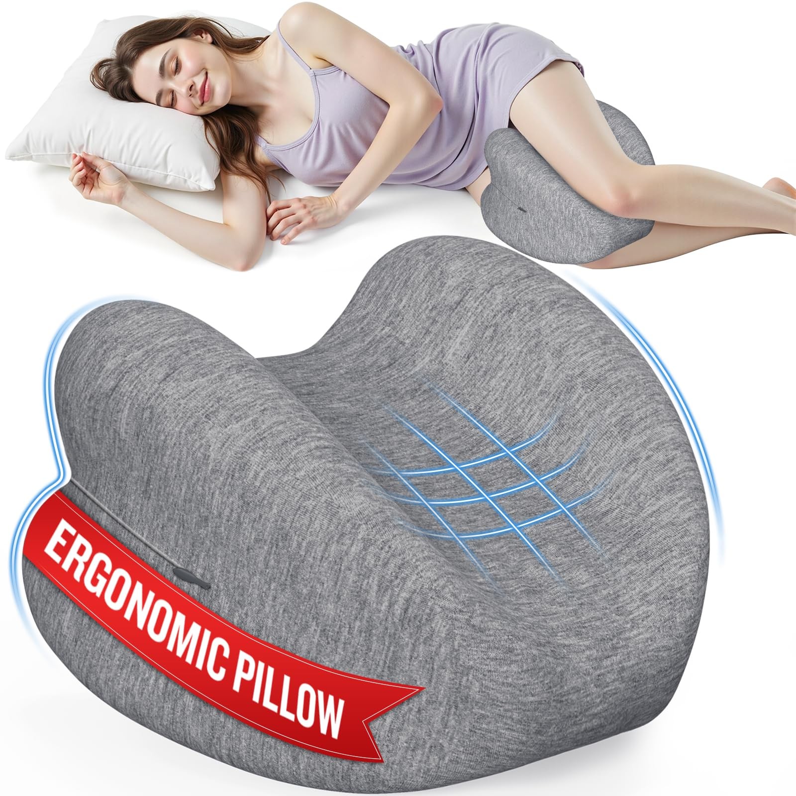 Knee Pillow for Side Sleepers, Memory Foam Leg Pillow, Grey