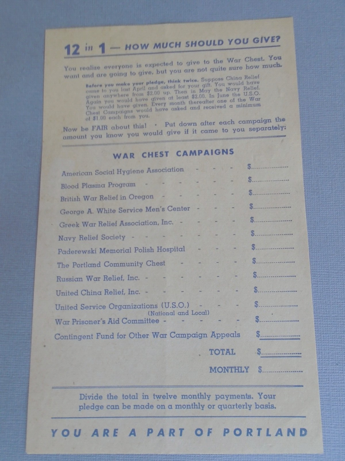 WWII Portland War Chest Campaign form