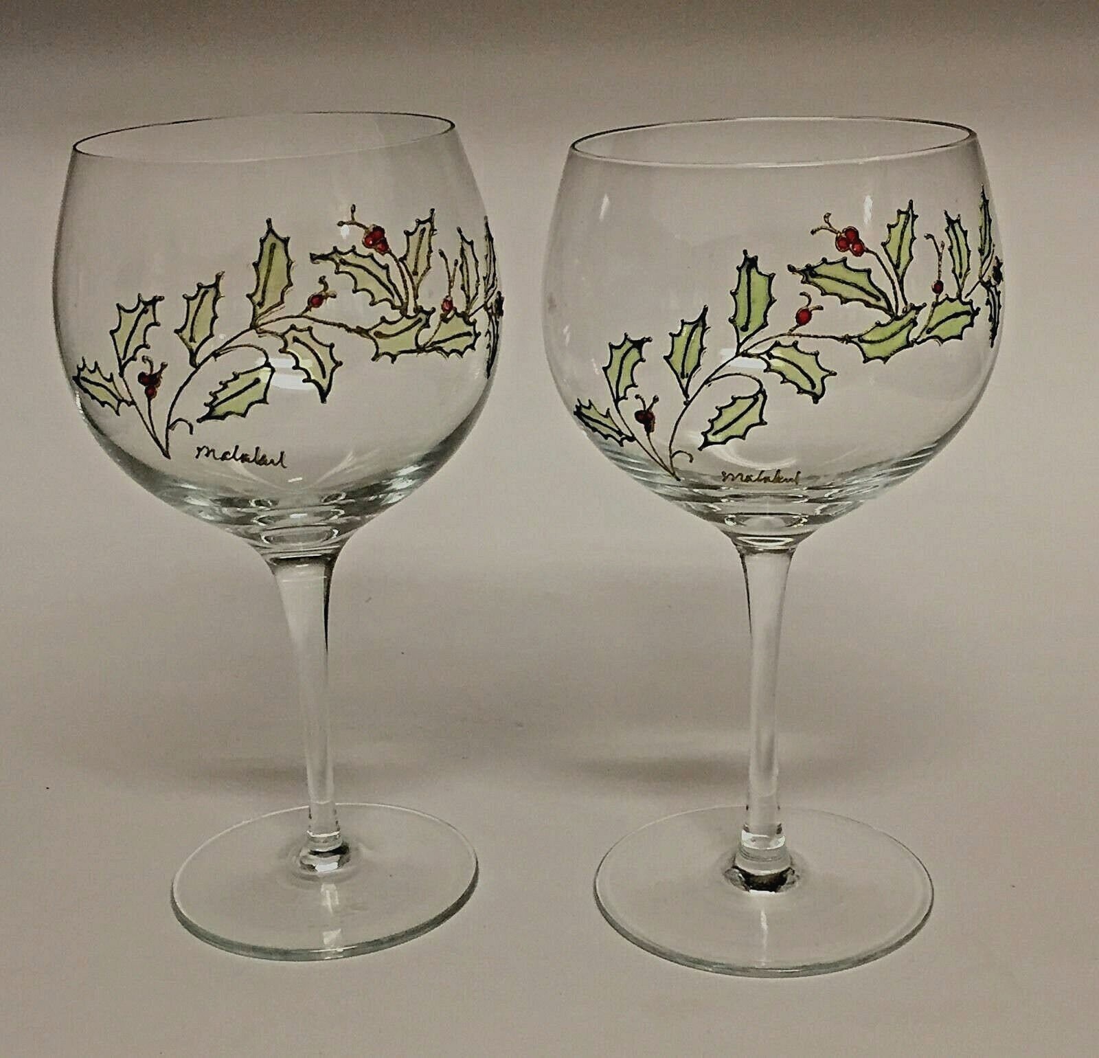 Christmas Holly Wine Glass Hocks Set of 2 Hand Painted & Artist Signed 7"