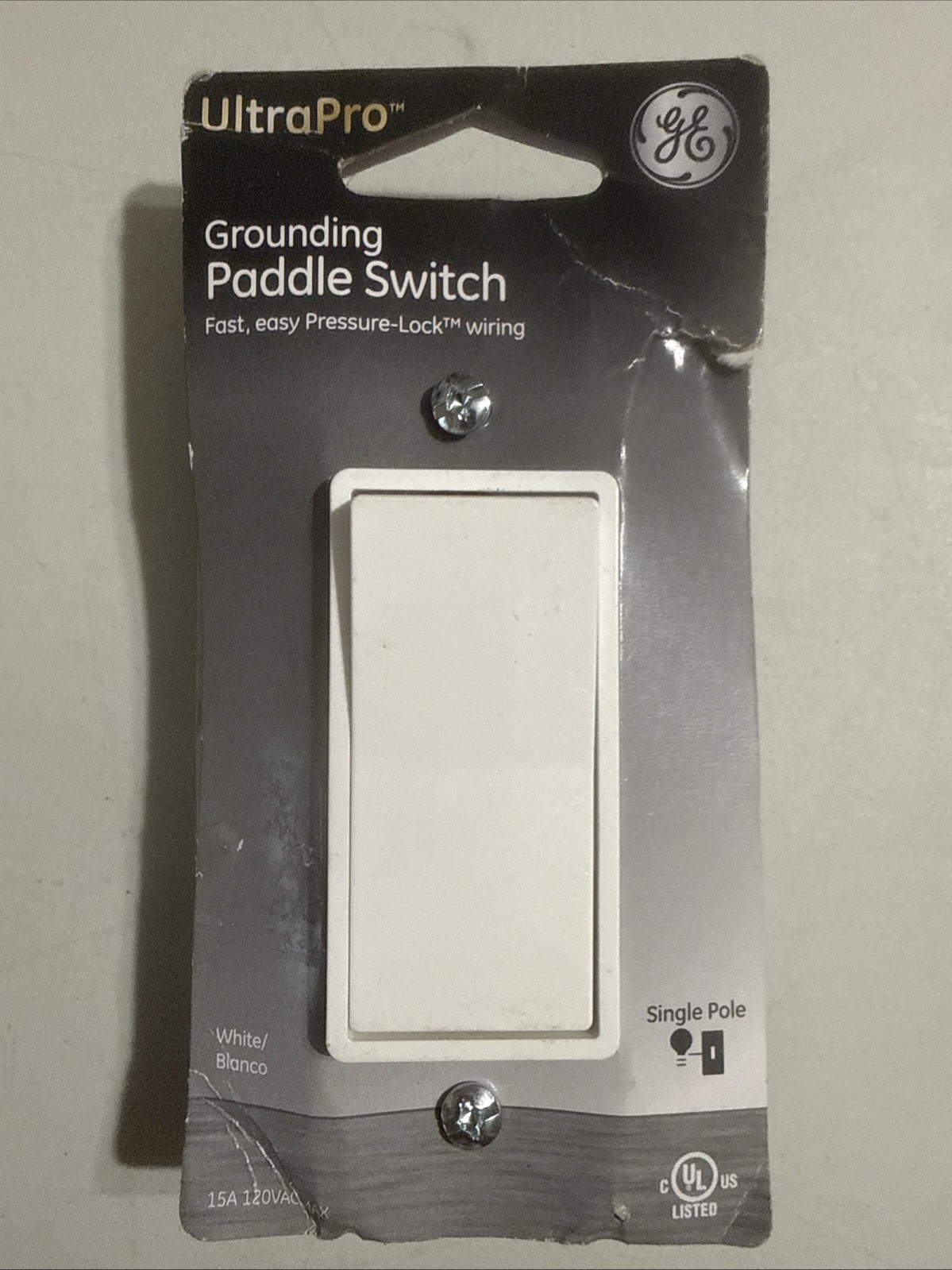 GE UltraPro Grounding Paddle Light Switch Single Pole 15A White