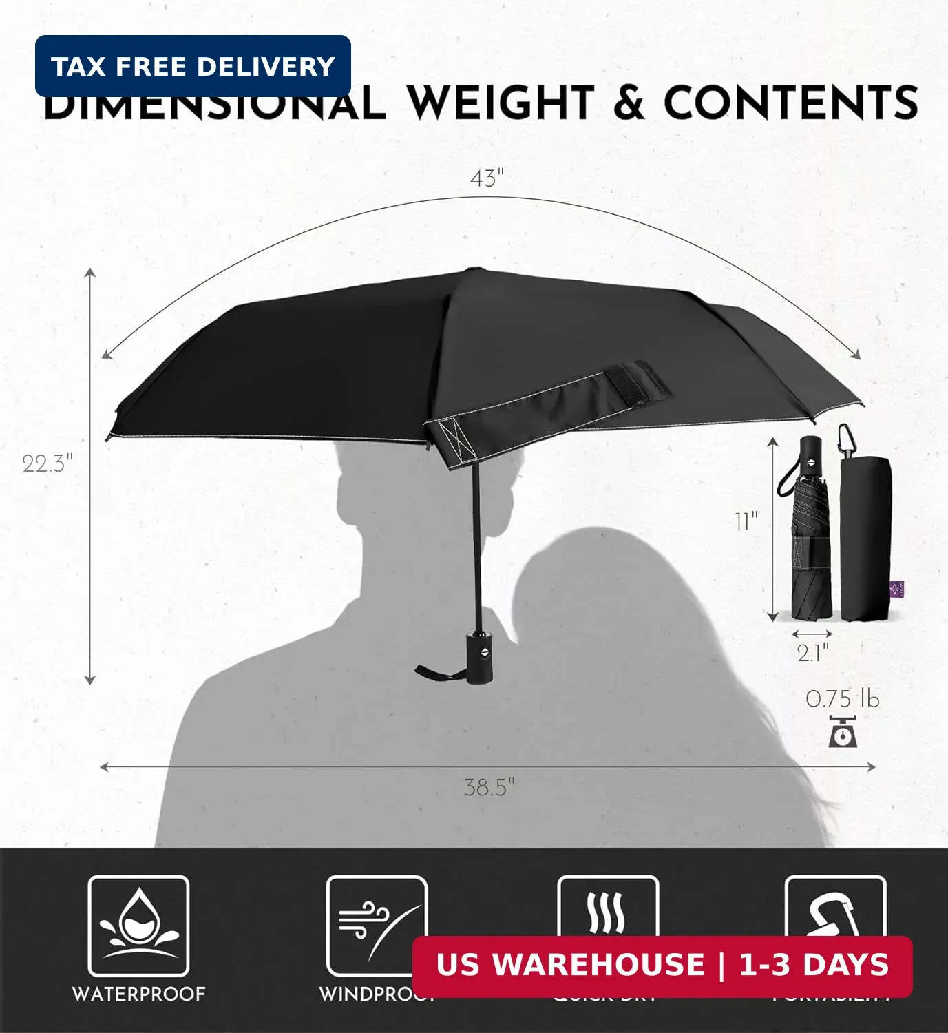 Compact Travel Windproof Umbrella, 43" Auto open/close Folding Quick Dry Umbrell