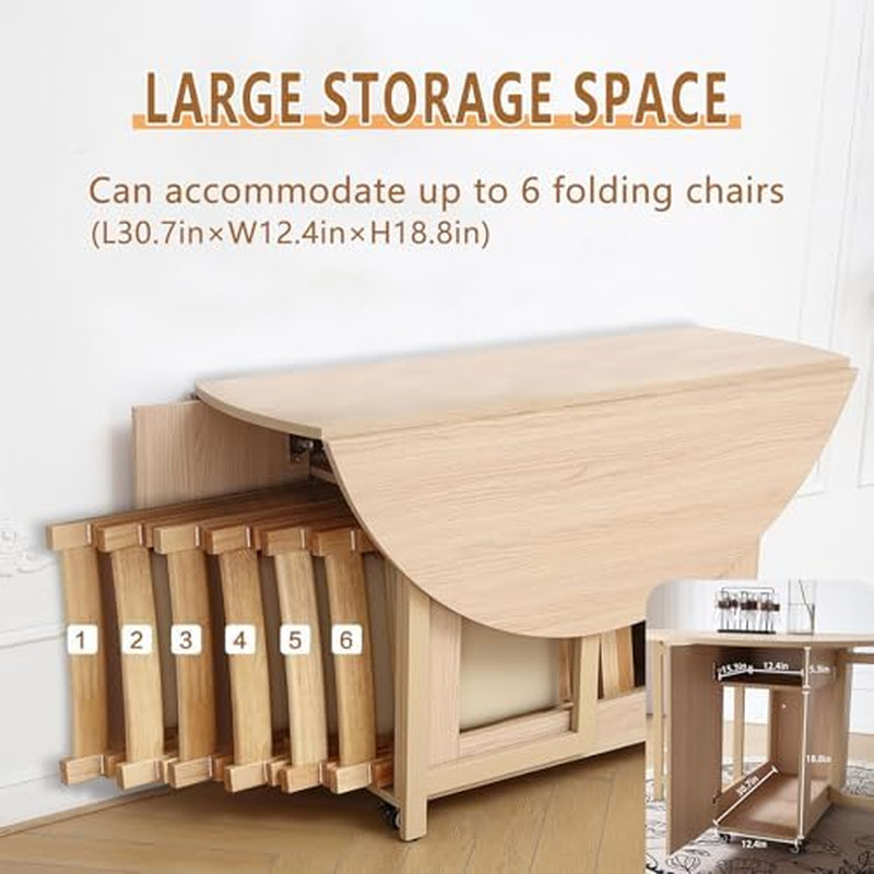 Wood round Folding Dining Table with 4 Chairs, 47.3" Space Saving Foldable Dinin