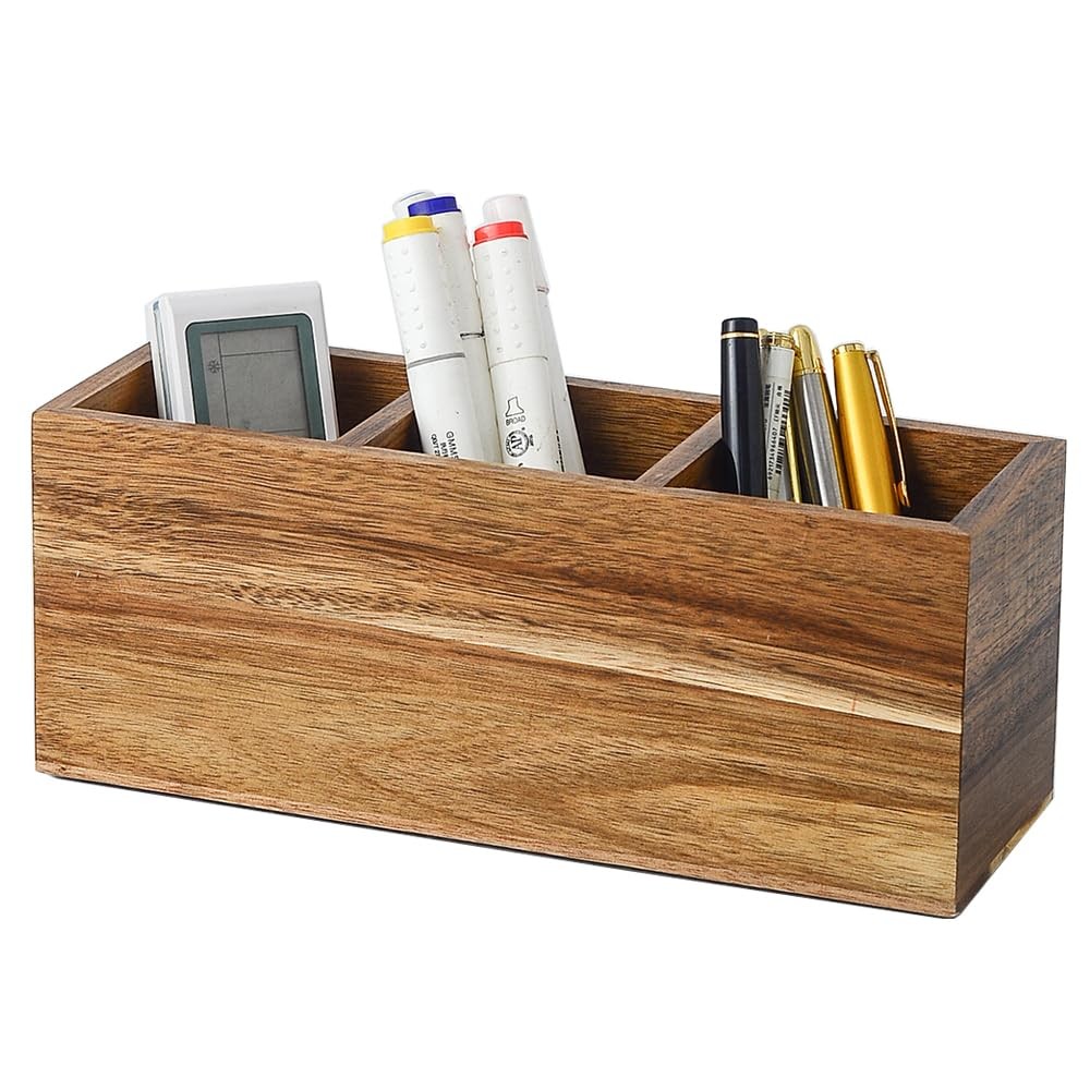 Porta lápices de madera para escritorio, organizador de control remoto
