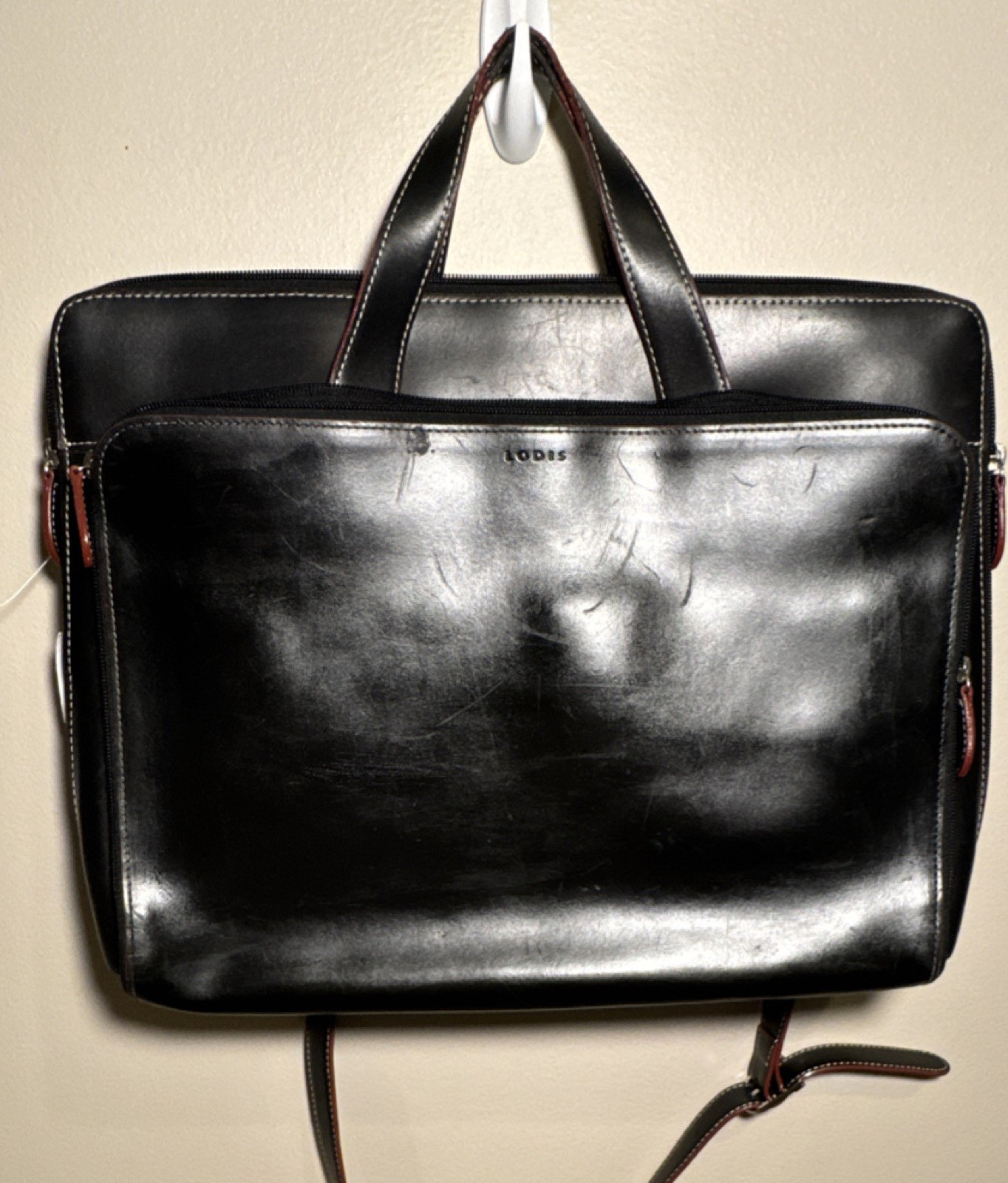 Lodis Black Leather Laptop Briefcase Solid Zipper Closure Shoulder Strap
