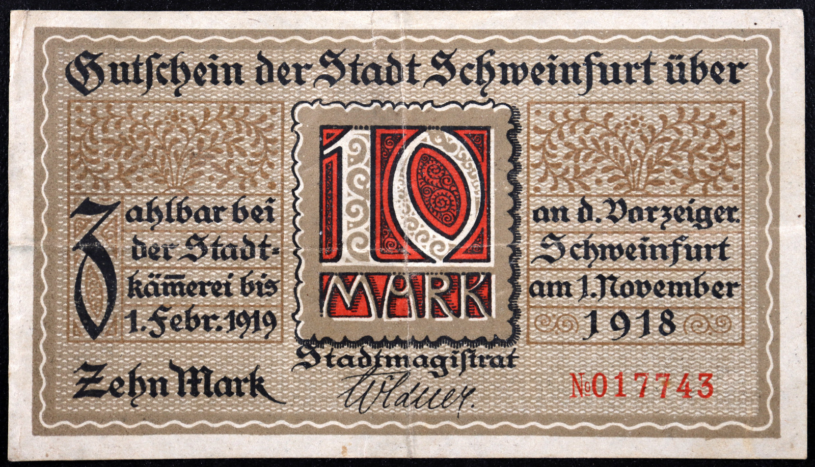 SCHWEINFURT 1918 Rare 10 Mark Grossnotgeld German Notgeld Banknote