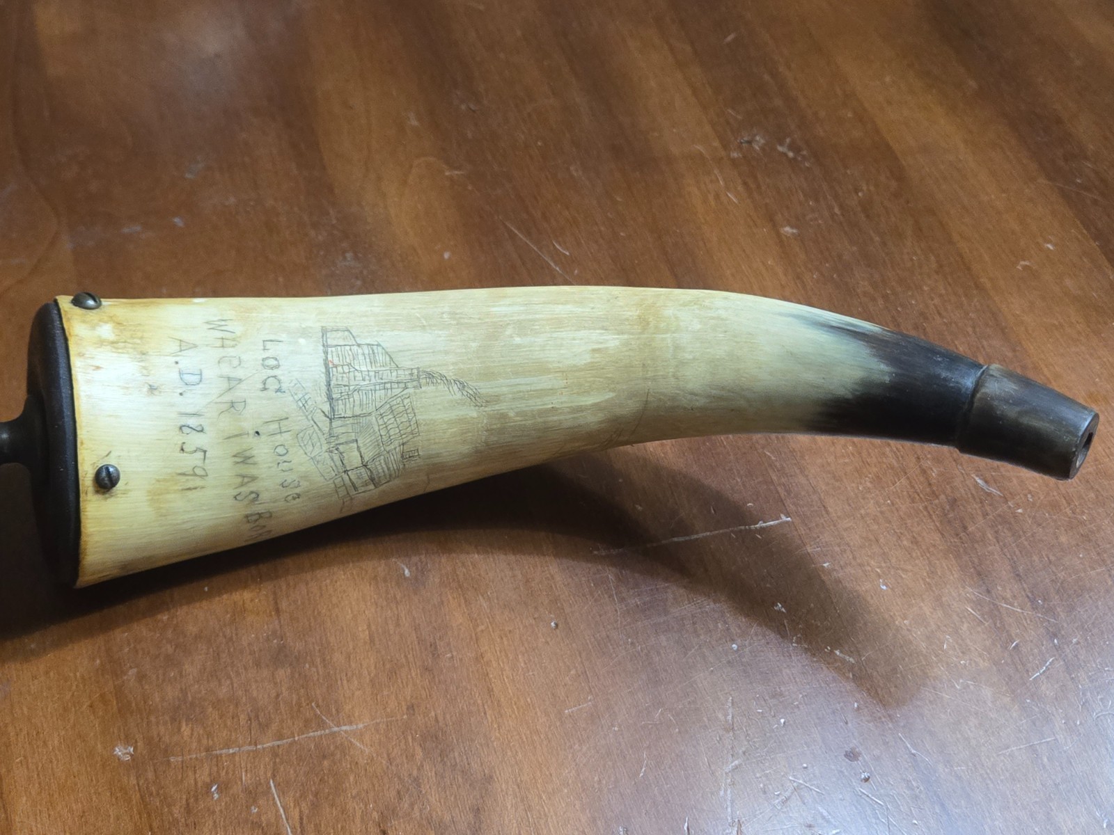 Vintage 9" Carved Horn Powder Flask - Houses/Trees - 1900's - Primitive Hunting
