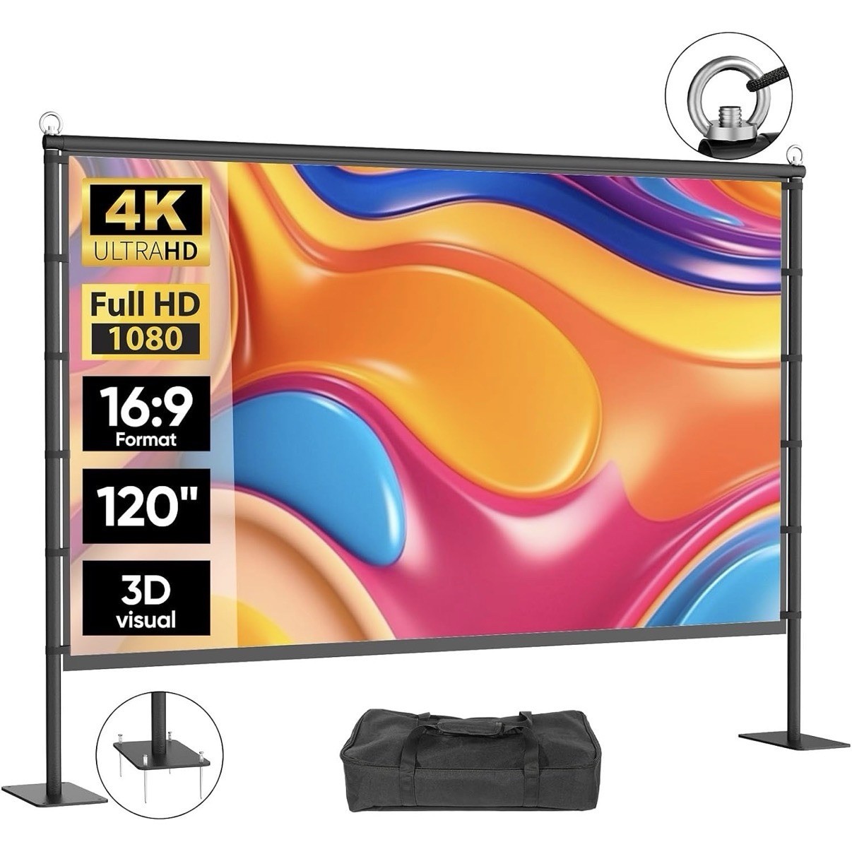 VOOPVOR 120 inch Portable Projector Screen w/ Stand 16:9 4K HD Wrinkle-Free +Bag