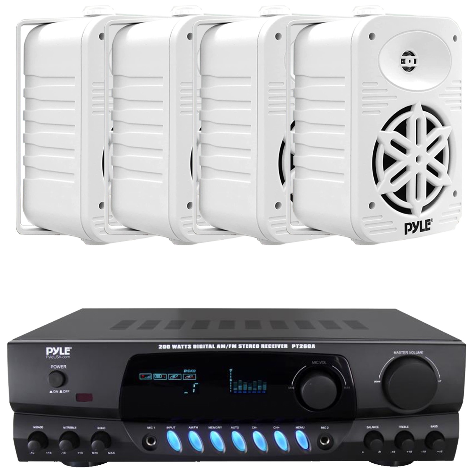Pyle PT260A 200W AM FM Stereo Receiver, 4x 5.25" 500W Indoor/Outdoor Speakers