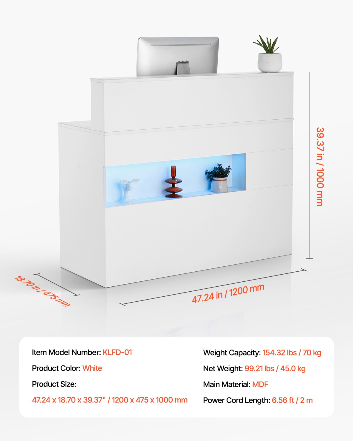 Uimoso Reception Desk Rectangular Front Counter Table 47.24in White Office Table