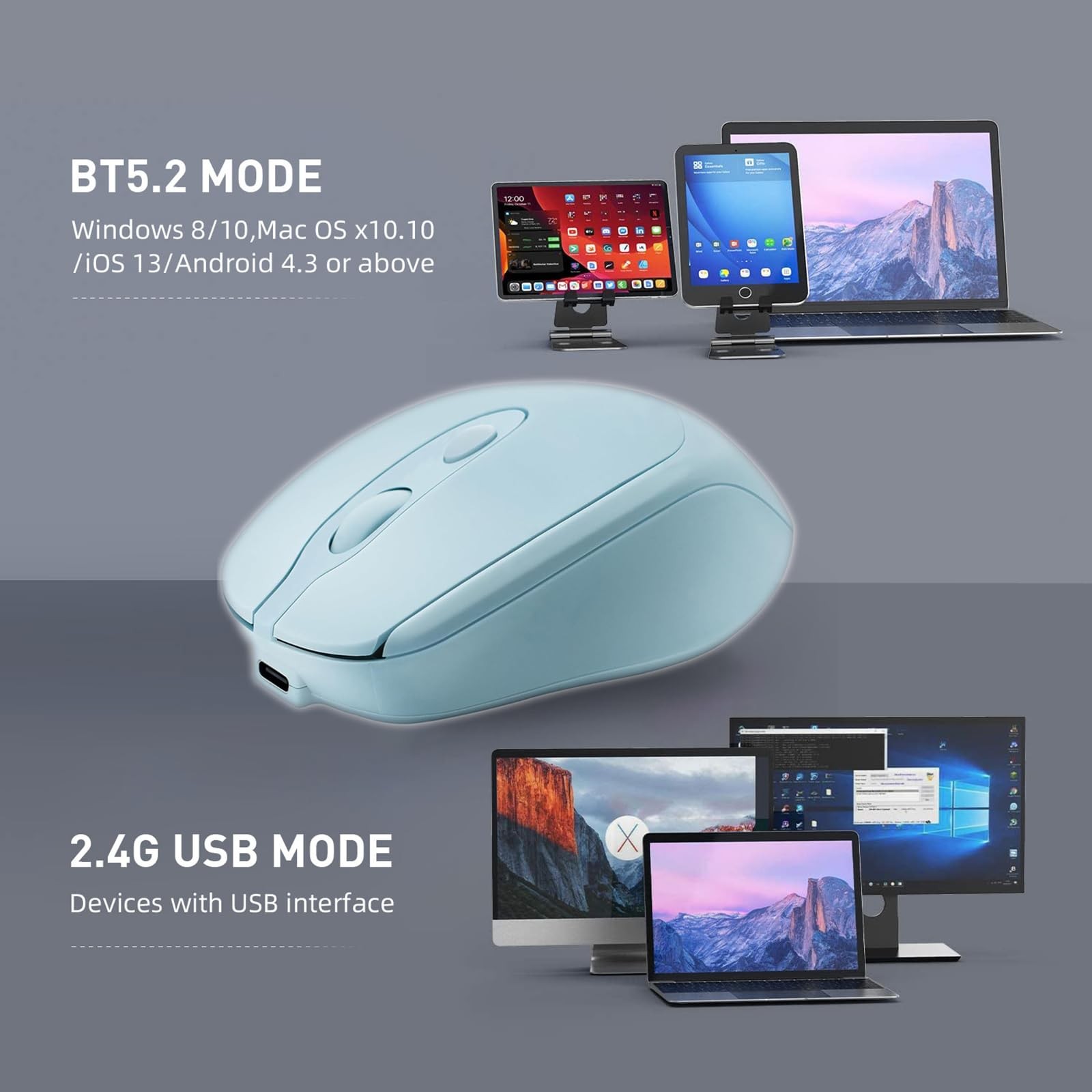 Quntee Wireless Bluetooth Mouse USBC for MacBook Air Laptop, USB C Blue