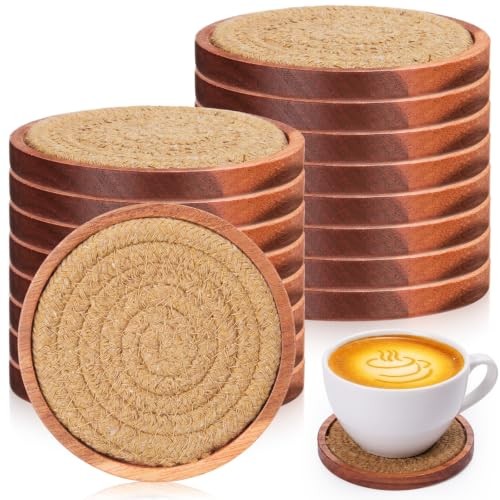 16 Pcs Acacia Wood Coaster Bulk 4 Inch Absorbent Cork Coaster Set Stackable