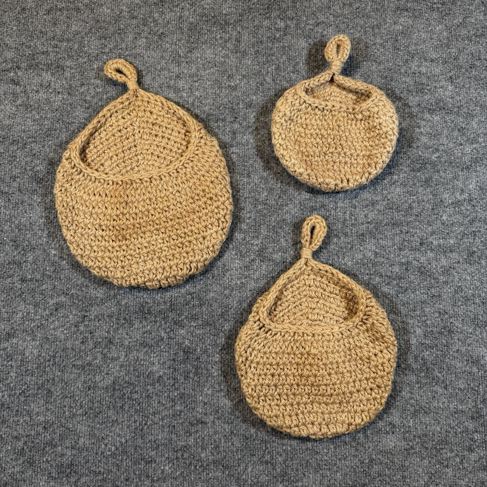 Set Of 3 Crochet Jute Hanging Teardrop Fruit Baskets Boho Woven Decor