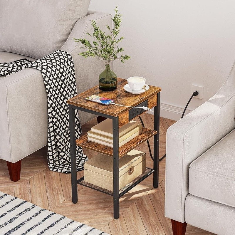 Multifunctional Side Table W/ Charging Station Adjustable Storage Shelves New