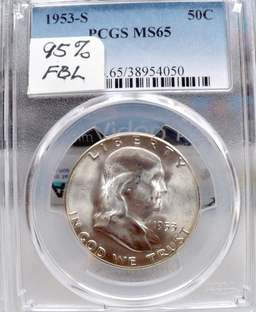 1953-S FRANKLIN HALF DOLLAR, PCGS MS65, 98% NEAR FBL, RARE, GREAT VALUE C669