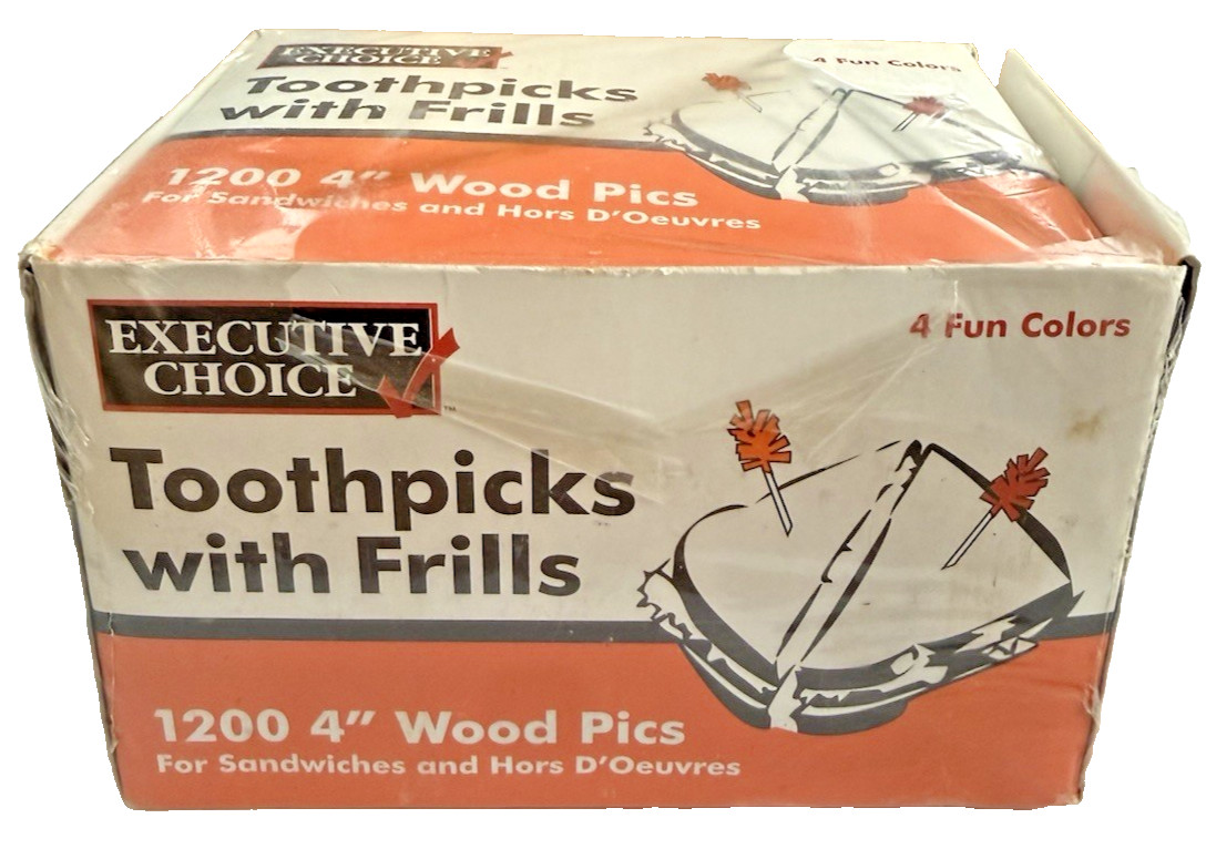Executive Choice Toothpicks w/ Frills 4” Wood Picks 1200 Ct 4 Colors Open Box