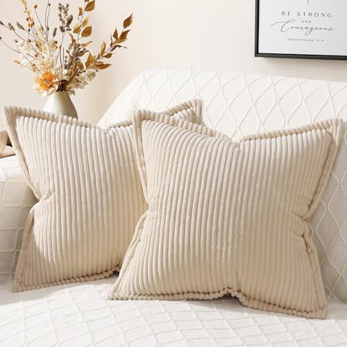 Corduroy Pillow Covers 20x20 Inch Set of 2, Striped Decorative Square Spring