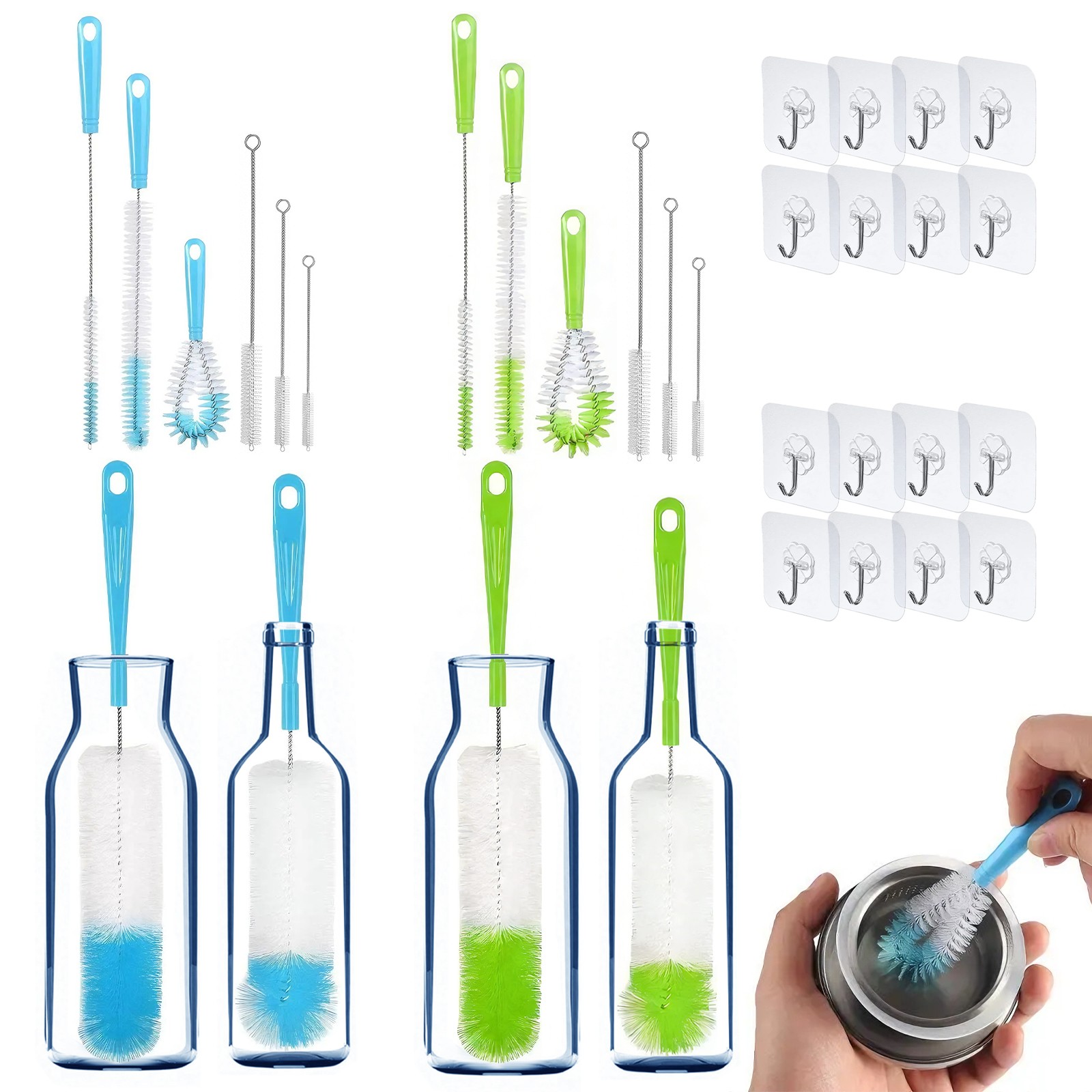 8PCS Long Handle Bottle Brush Set Plastic Cleaner Bottles Straws Cups Blue Green