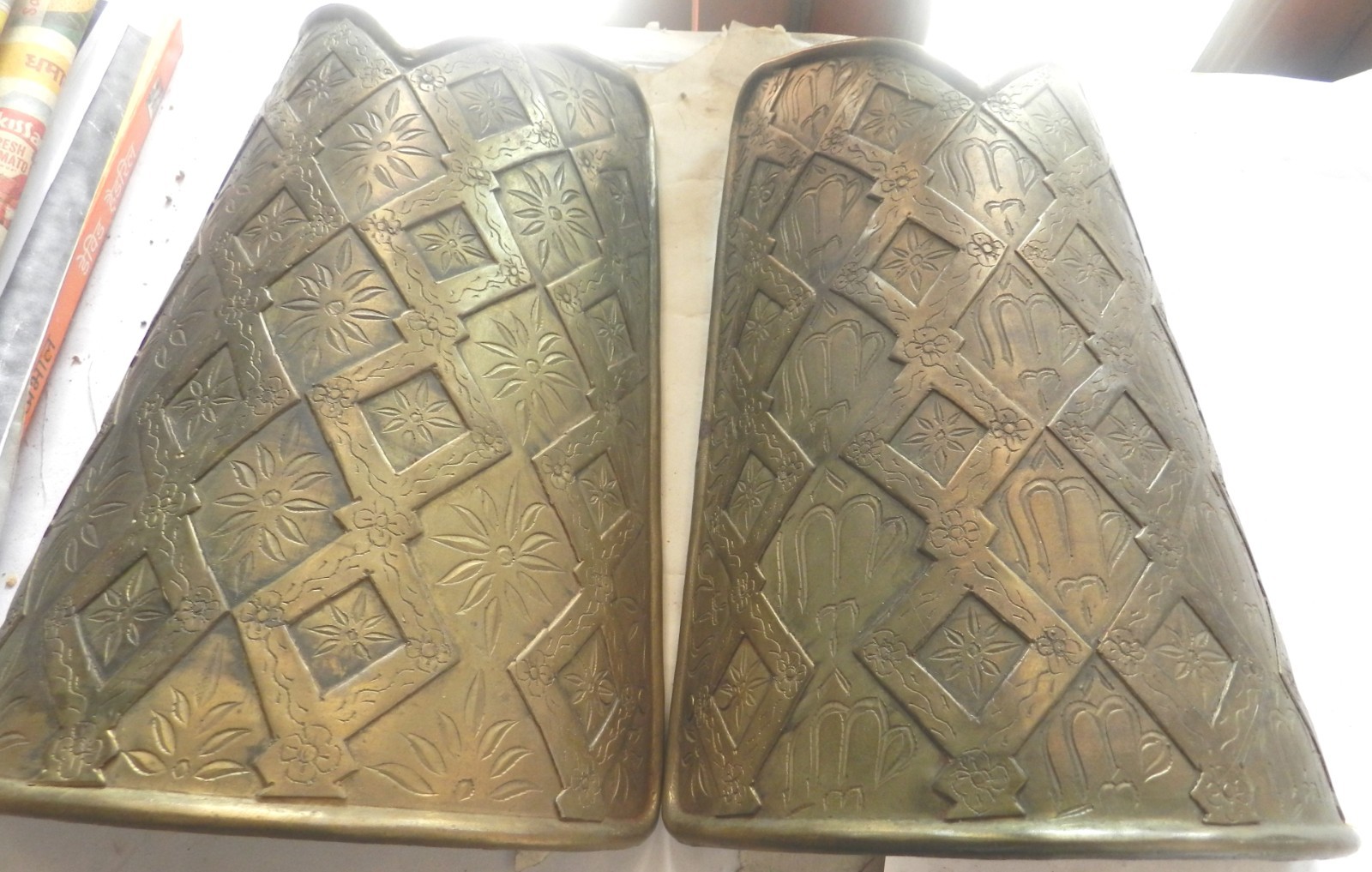 VINTAGE BRASS THAI  GUARD PAIR HEAVY BRASS STRIP FOR SAFETY ARABIC INSCRIPTION F