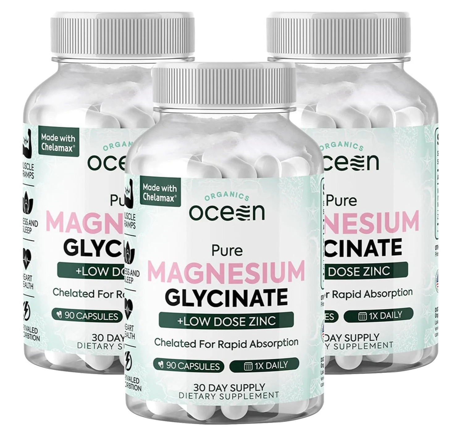 Organics Ocean Pure Magnesium Glycinate with Zinc 90 Count (3 Pack) Chelated