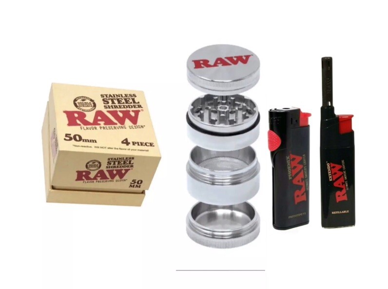 Raw Stainless Steel Grinder 50MM 4 Piece + raw PHOENIX Extendo LIGHTER