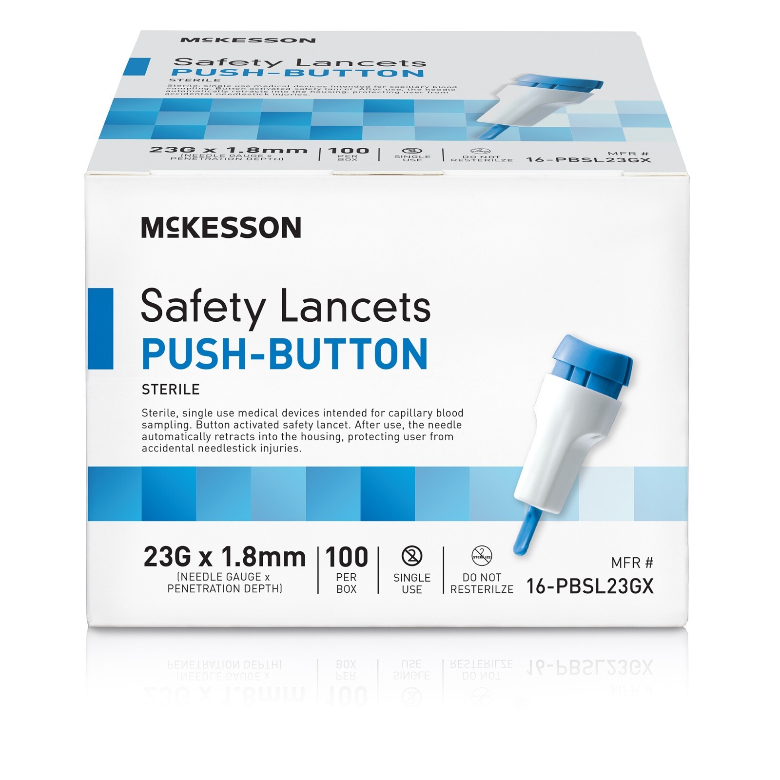 McKesson Retractable Push Button Safety Lancets 23 Gauge Blue Sterile, 100/Box