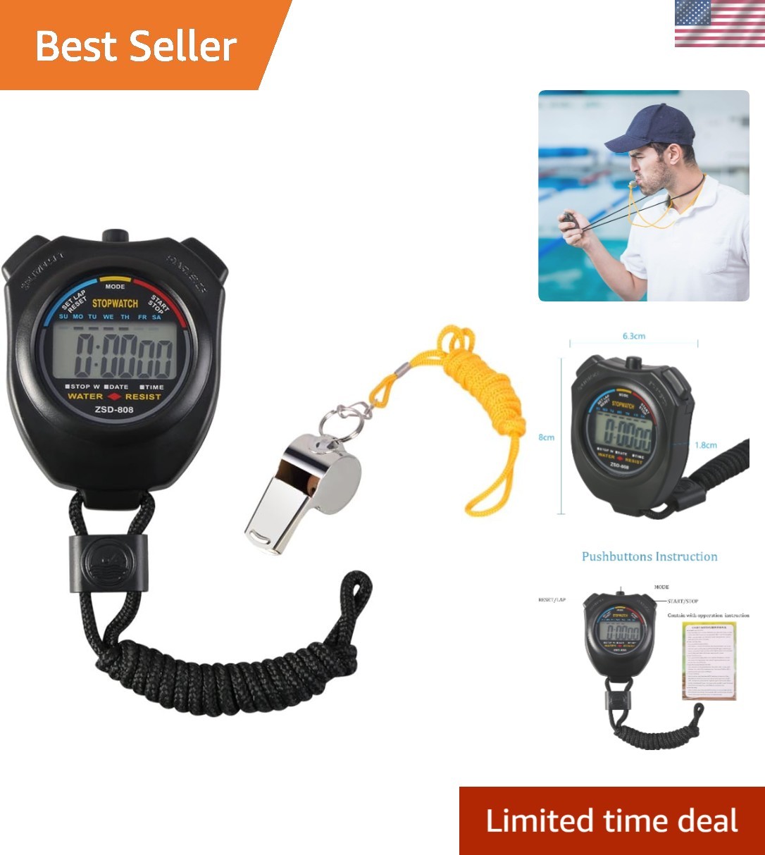 Silent & Portable Digital Stopwatch Timer + Whistle - Perfect for Coaching