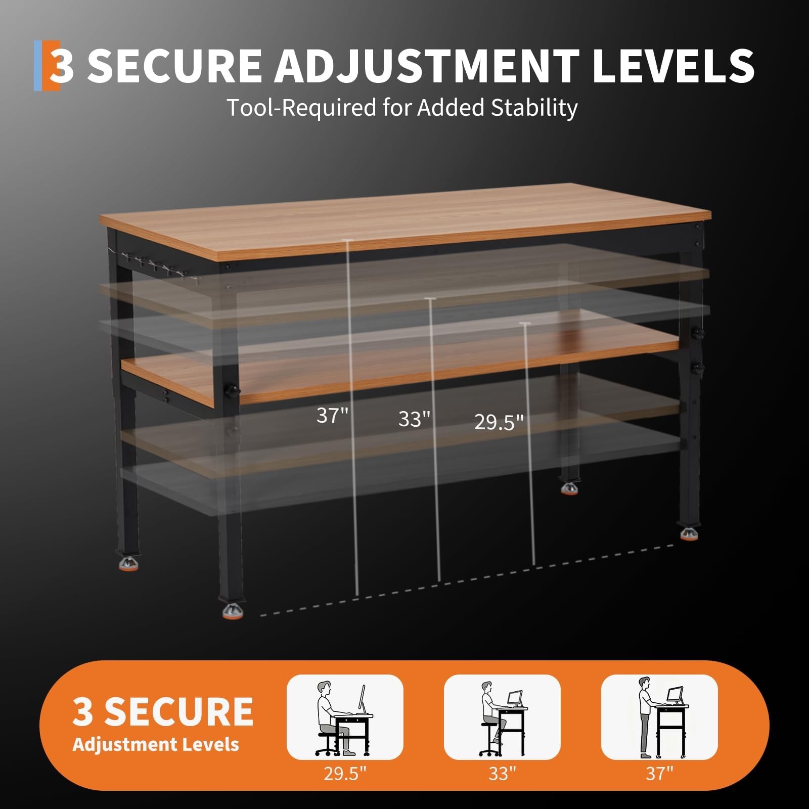 48" Workbench Adjustable Height Work Table 2500LBS Load Rubber Wood Top & Shelf