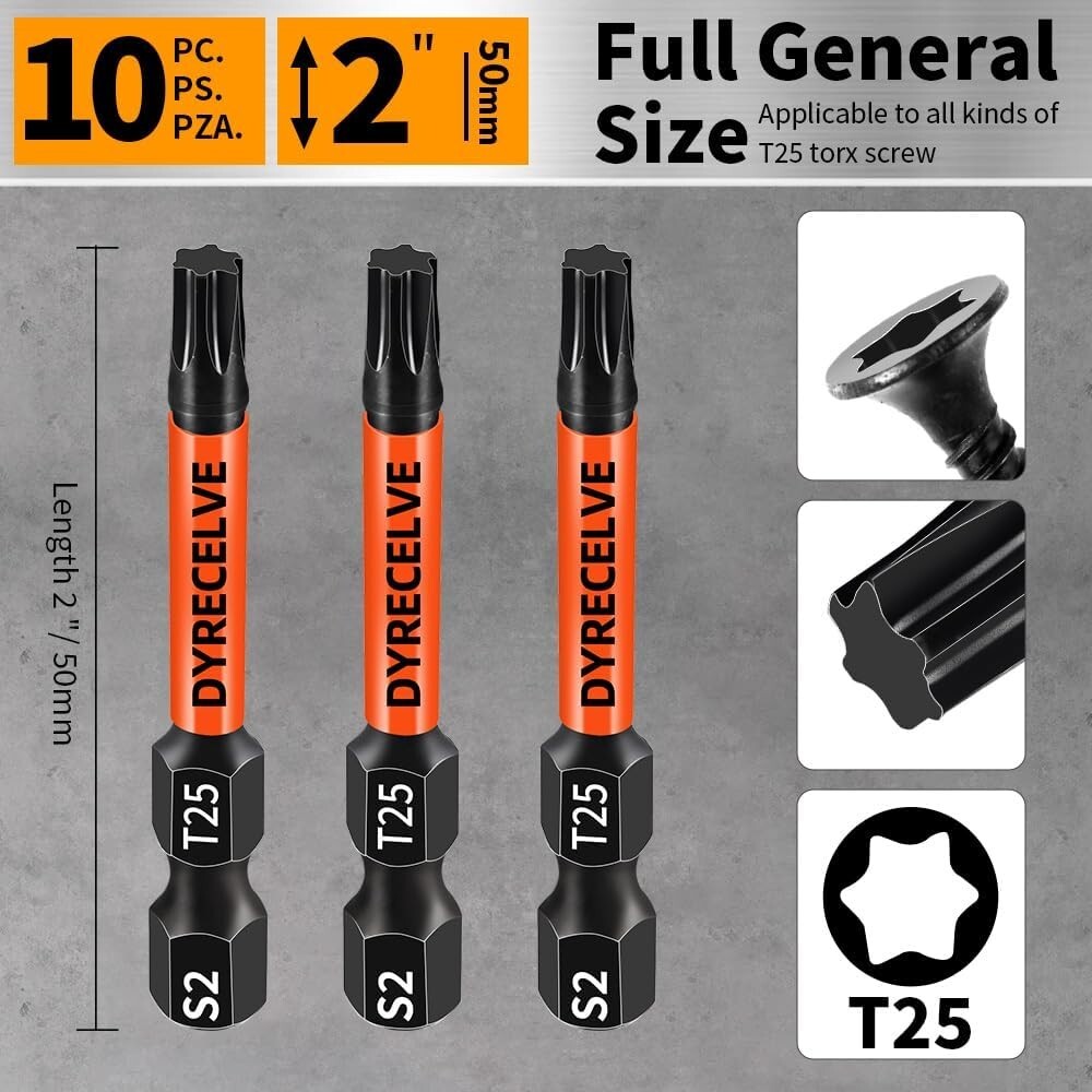 10-Pack T25 Torx Bits for Impact Driver Torx Bit Set 2''Long Profession Star Bit