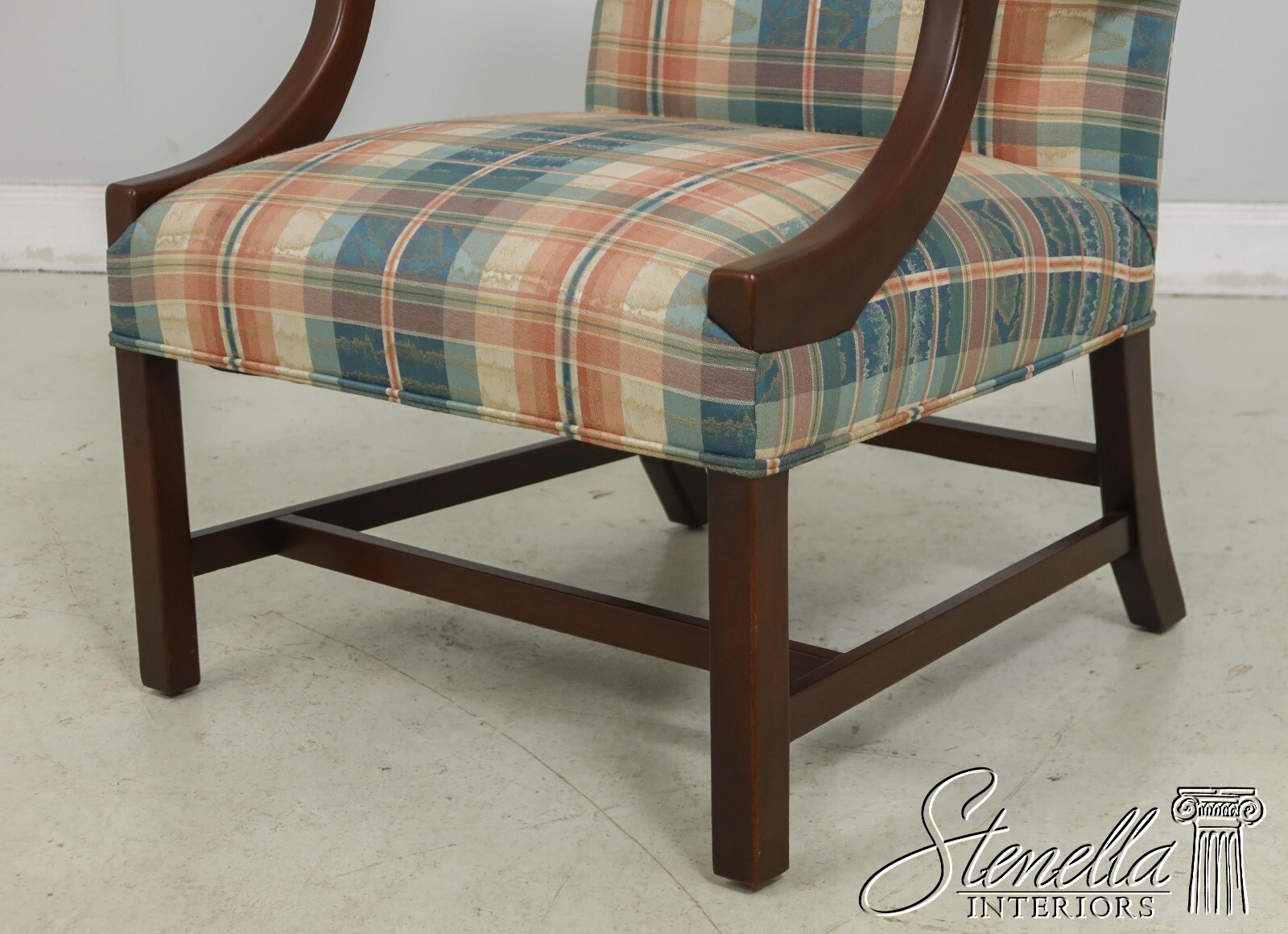 F61252EC: Chippendale Mahogany Upholstered Open Arm Library Chair