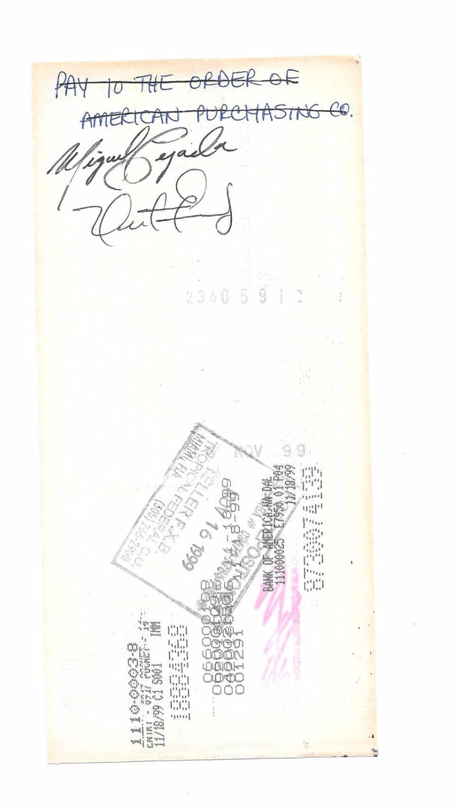 Miguel Tejada Autograph Cancel Check Oakland A's