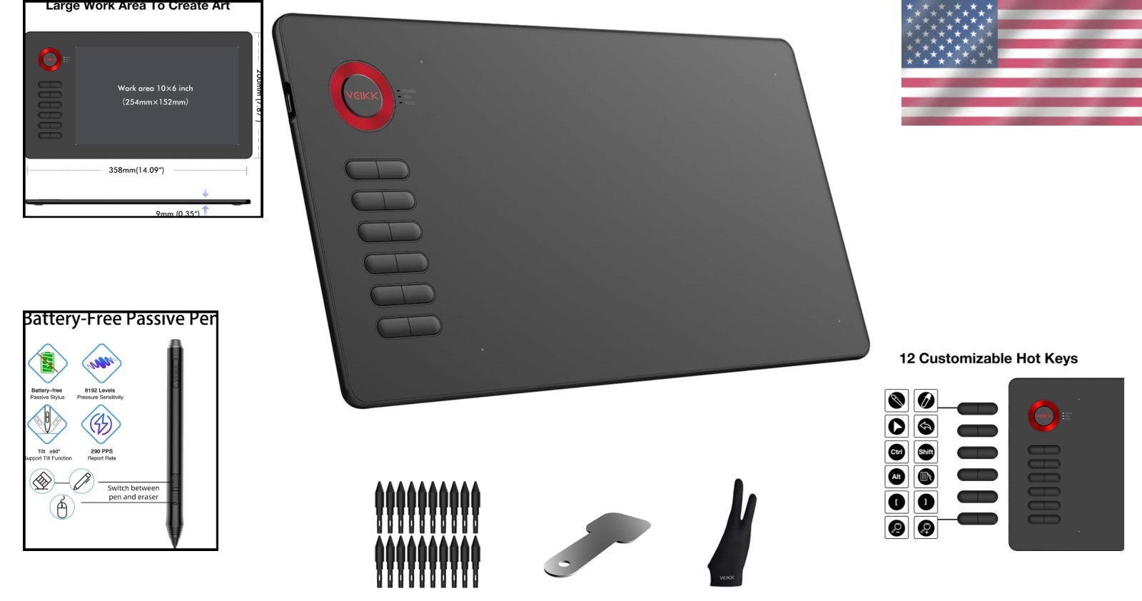 A15 Drawing Tablet Red 10x6" Wide 12 Keys Battery-Free Pen Linux/Android